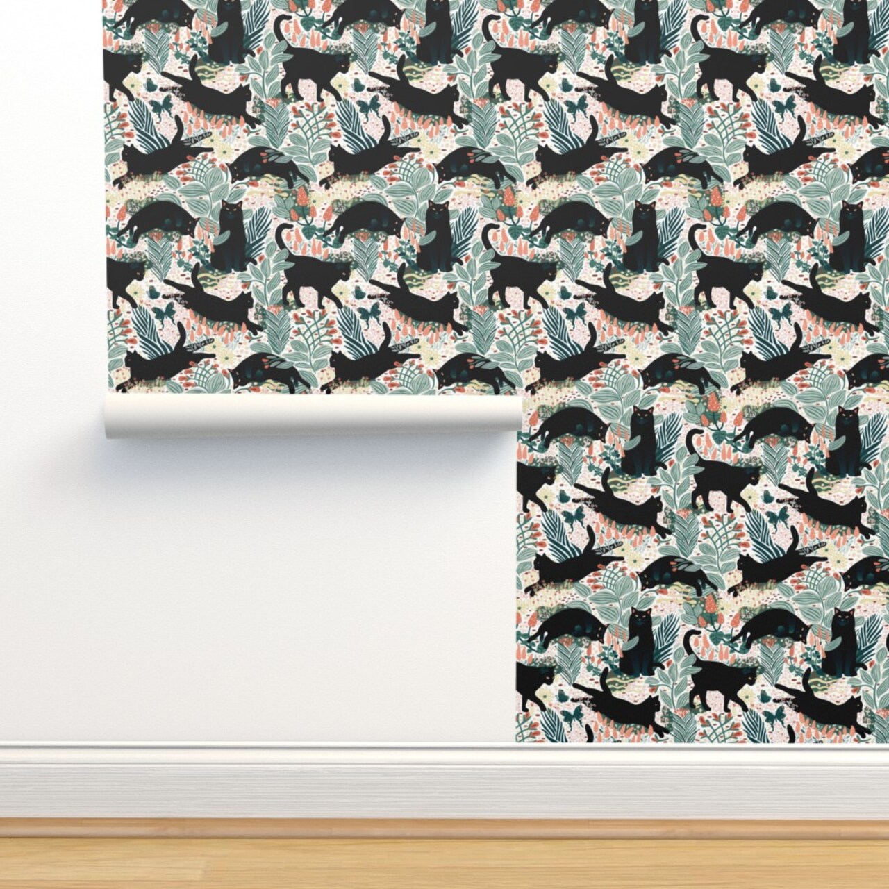 Tropical Cats Modern Garden Floral Black Feline Kitten Palm Fronds Custom Removable Wallpaper by Spoonflower Peel & Stick Wallpaper 2FT Wide